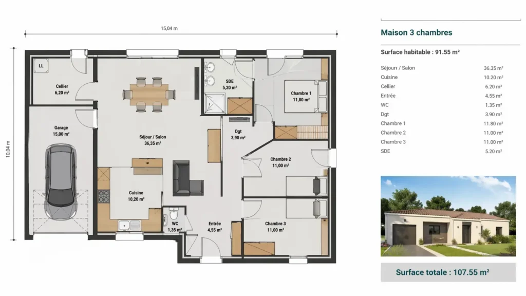 modèle de plan maison 3 chambres