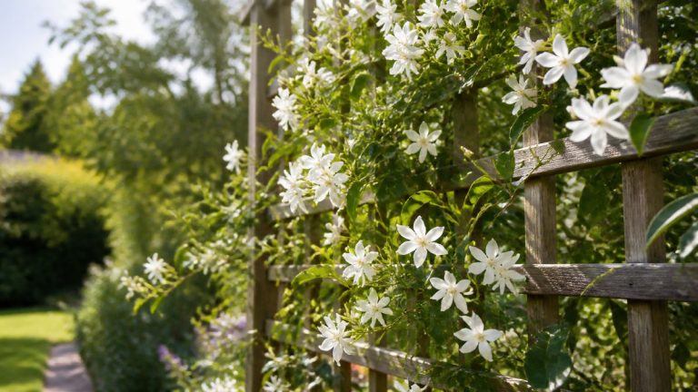 Jasmin : où le planter et comment réussir son entretien au jardin ou en pot ? Jasmin en fleurs blanches parfumées grimpant sur un treillage de jardin