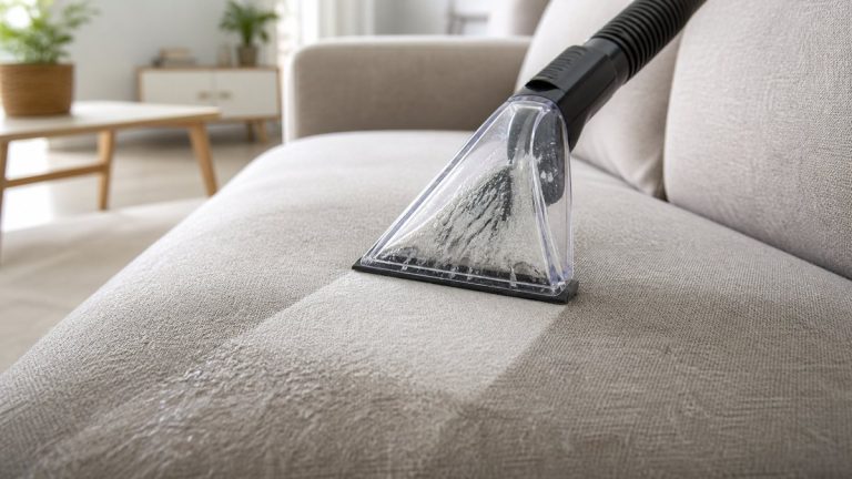 Shampouineuse : à quoi sert-elle et comment l’utiliser sans abîmer les textiles ? Shampouineuse en action sur un tapis beige dans un salon